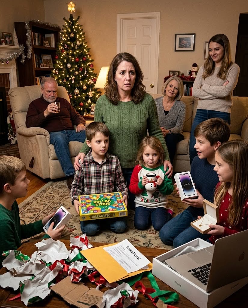 My children sat on my parents’ living room rug holding a dollar-store board game and a ceramic snowman mug while my sister’s twins ripped open iPhones, a MacBook, gold bracelets, and a Disney cruise packet I had secretly paid for