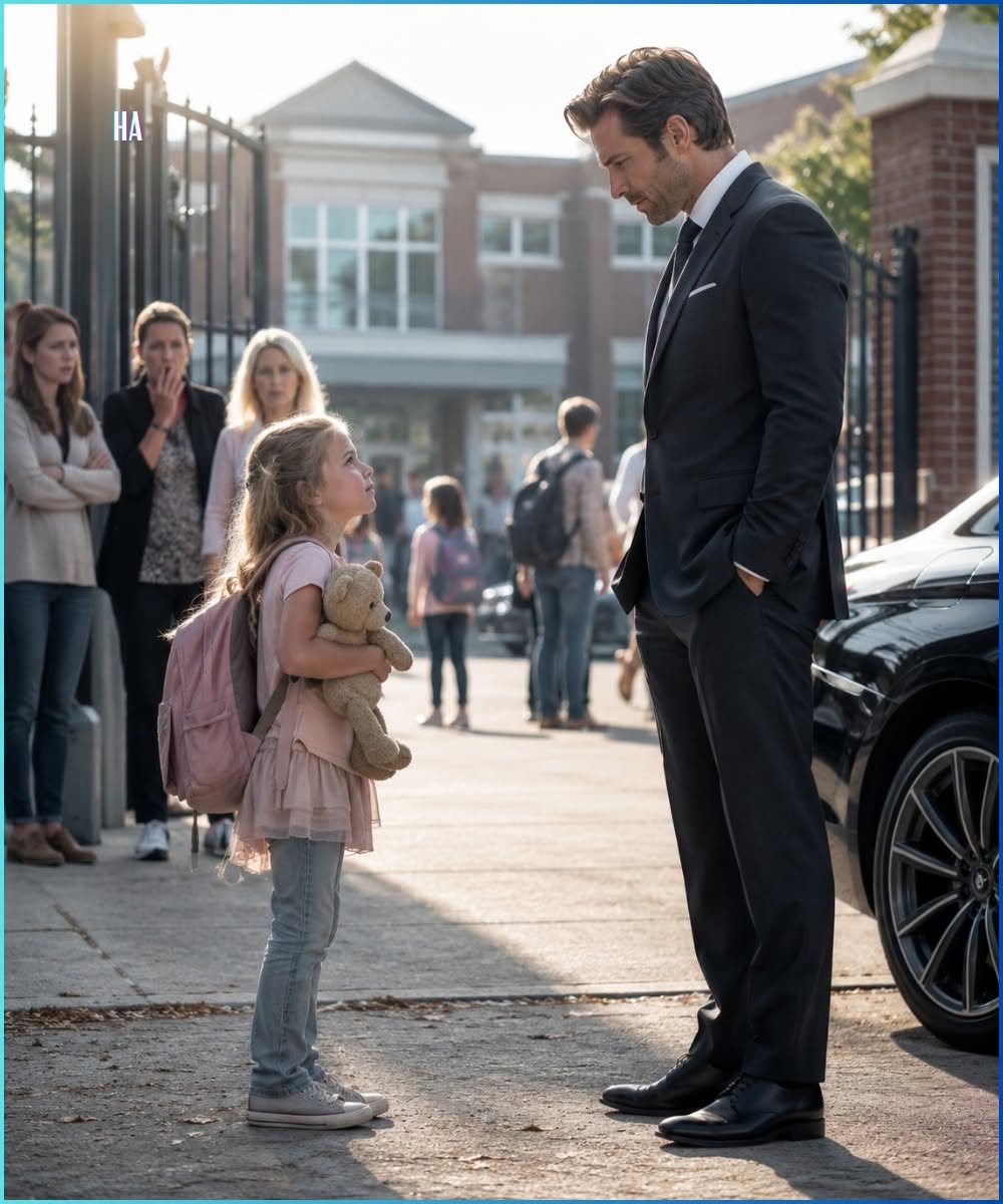 A little girl asked a billionaire stranger to be her dad at the school gate and his answer exposed the cruelty everyone had ignored