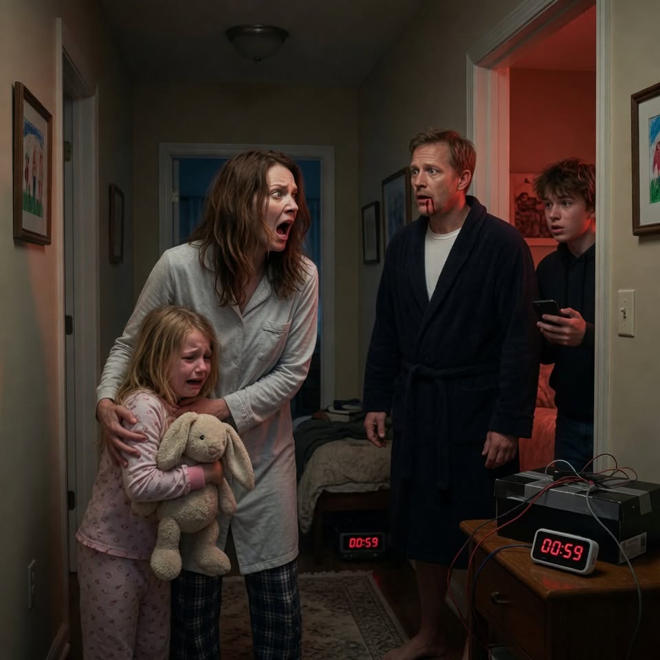 The digital display on the bedside alarm clock glowed 12:04 AM, matching the silent red pulse still lingering in my head