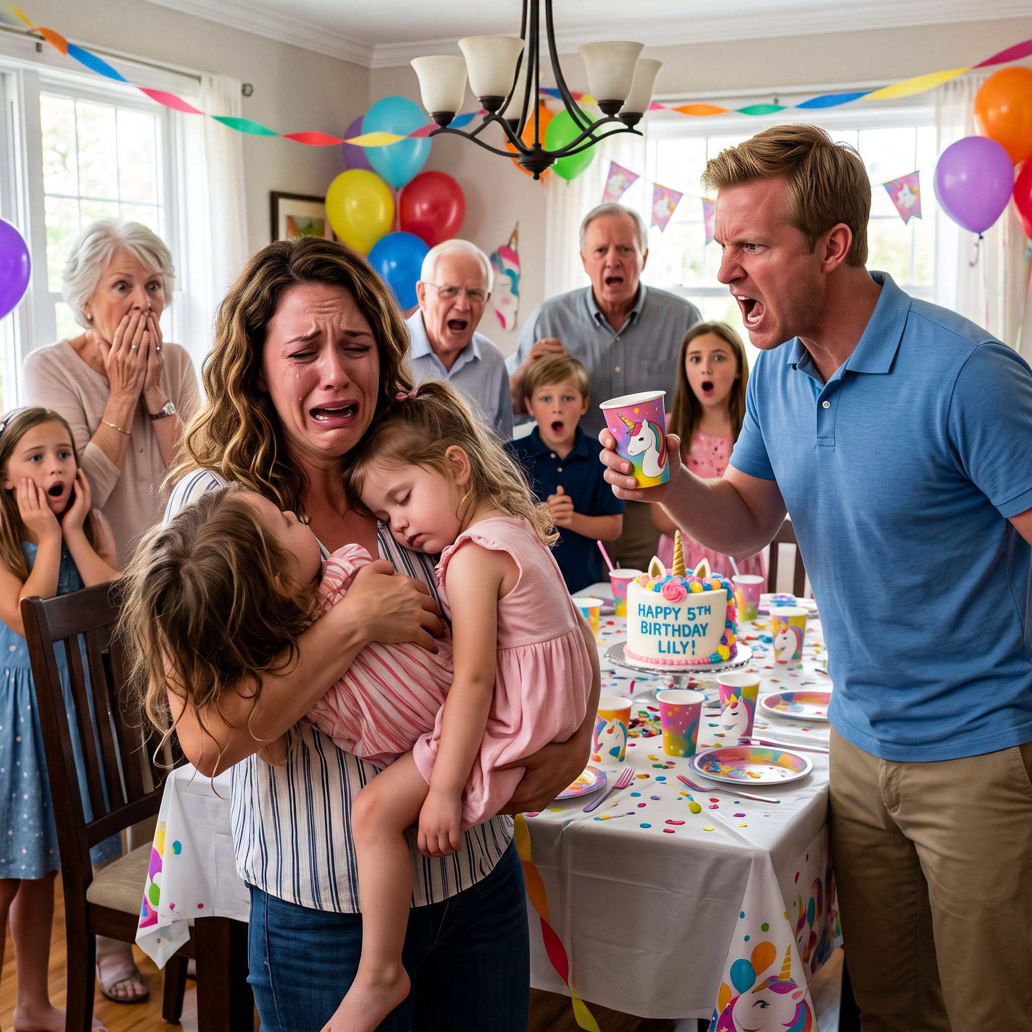 My daughter collapsed before the birthday song, and while I screamed her name, my sister smiled beside the drink table. Then my husband picked up the unicorn cup, smelled the pink lemonade, and asked one question that made the entire kitchen go silent...