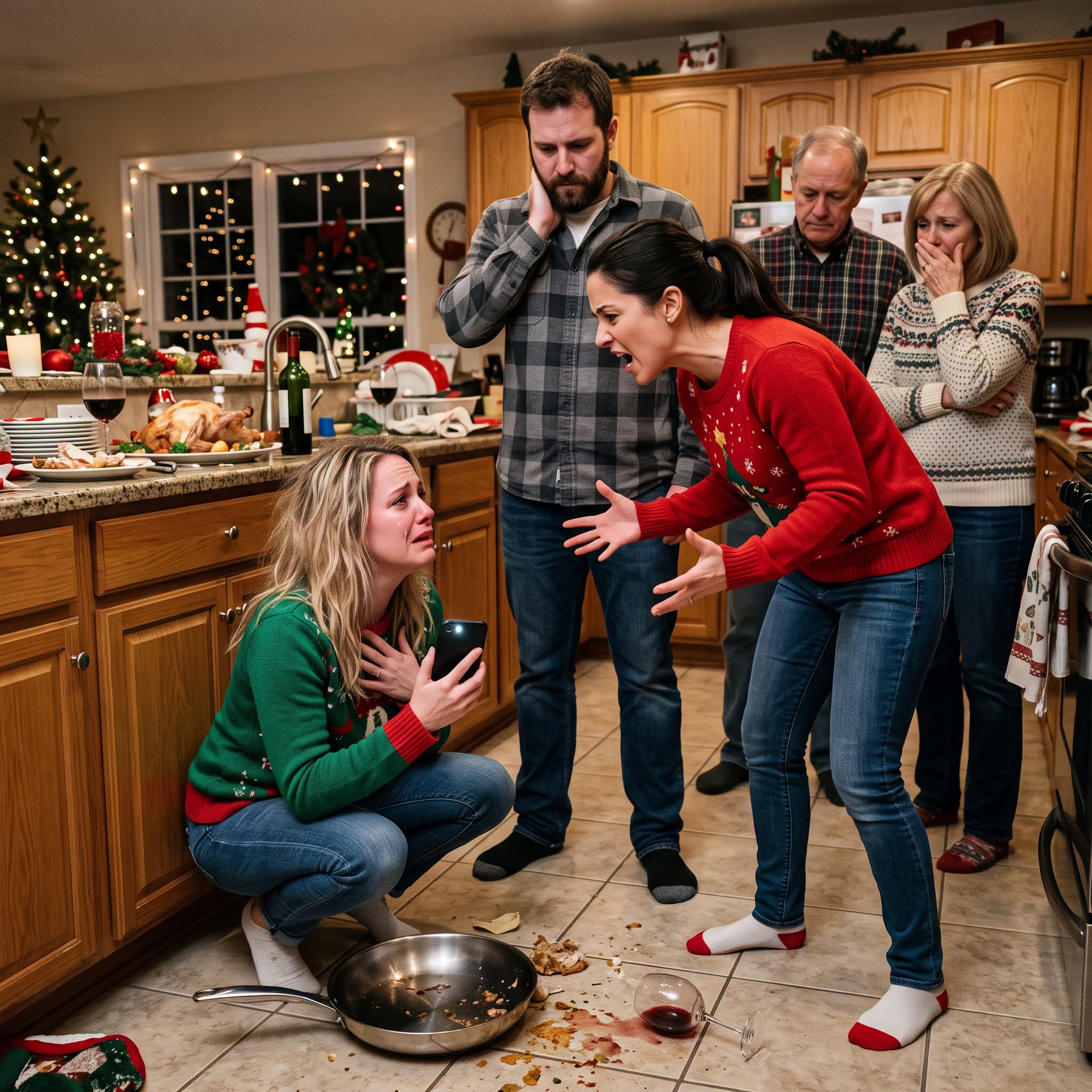 As I carried Christmas dinner from the oven, my sister-in-law shoved me without warning