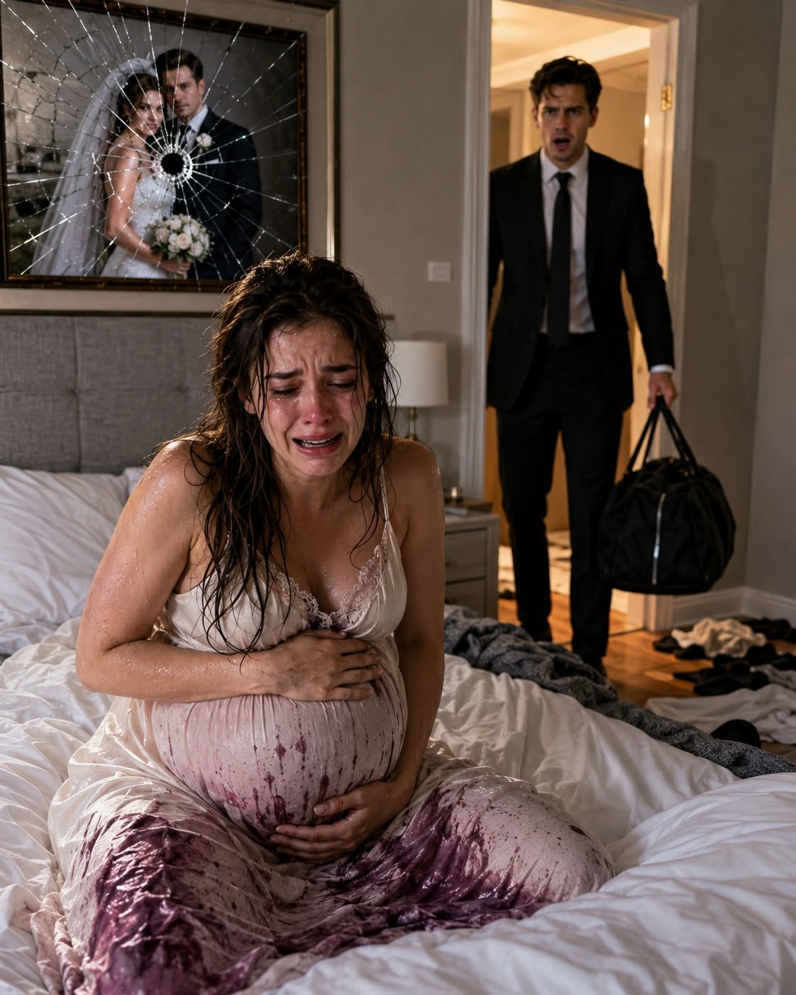 The night I returned early from a business trip and found my pregnant wife lying in darkness, her silk nightgown on backward and the floor covered with shattered glass and dark stains, an icy feeling passed through me before I could even make sense of the scene.