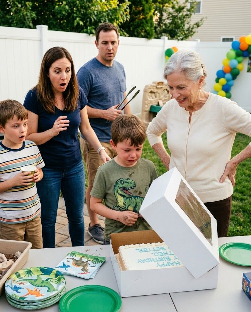 I spent two weeks building my eight-year-old son's dinosaur birthday party. My mother-in-law set down a cake that said, "Sorry you exist," then told the kids, "He doesn't belong in this family