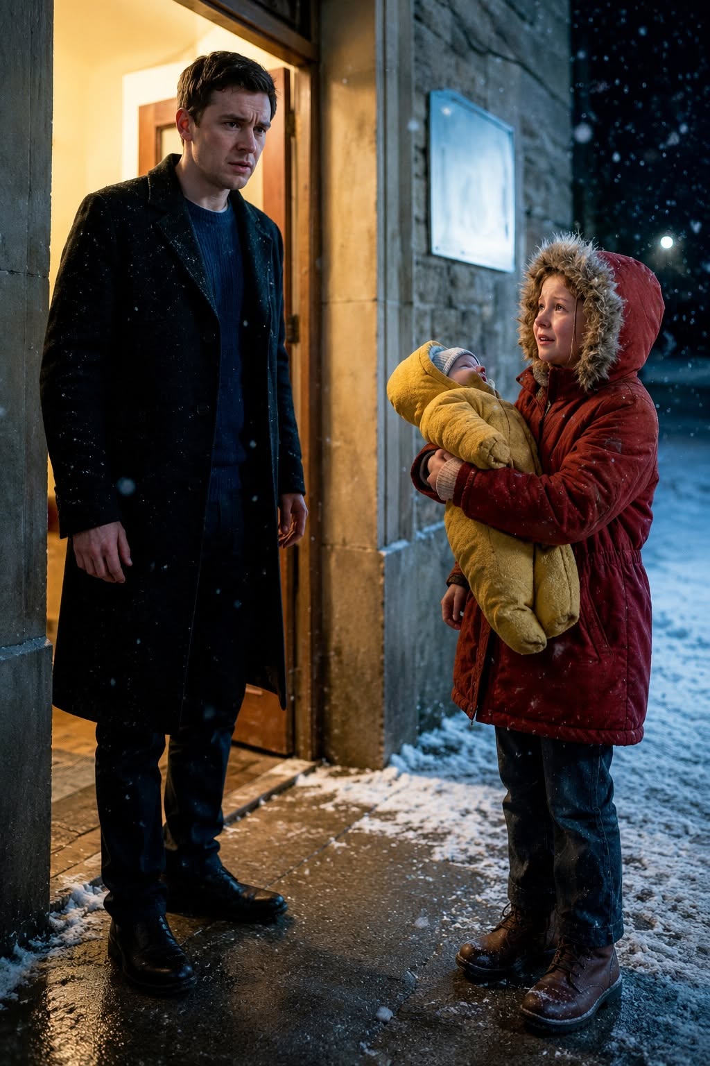 POOR GIRL WITH BABY SEEKS SHELTER FROM YOUNG BILLIONAIRE – his answer in the cold is unbelievable