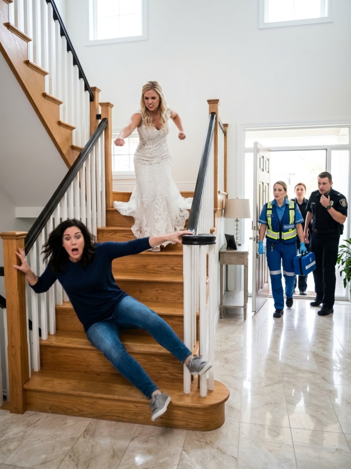 My sister threw me down the stairs over our father’s inheritance. “Dad’s money is for my wedding!” she screamed behind me