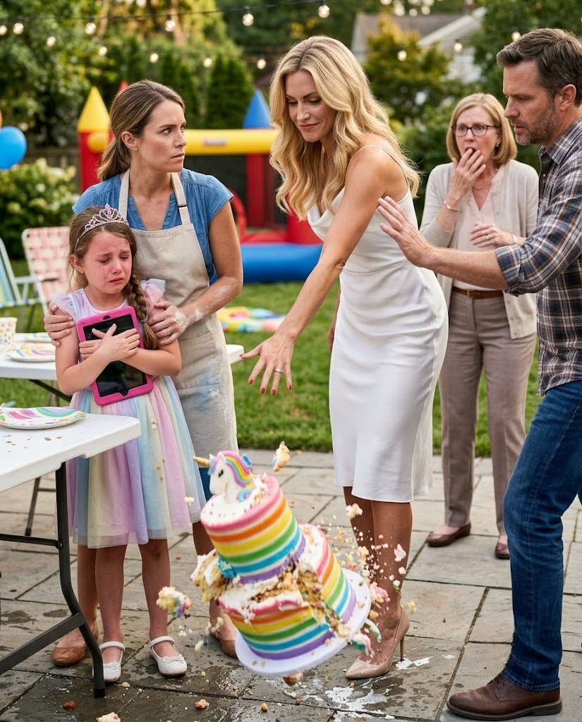 At my daughter's eighth birthday, my sister shoved the rainbow cake off the patio table and said, "She doesn't deserve a celebration