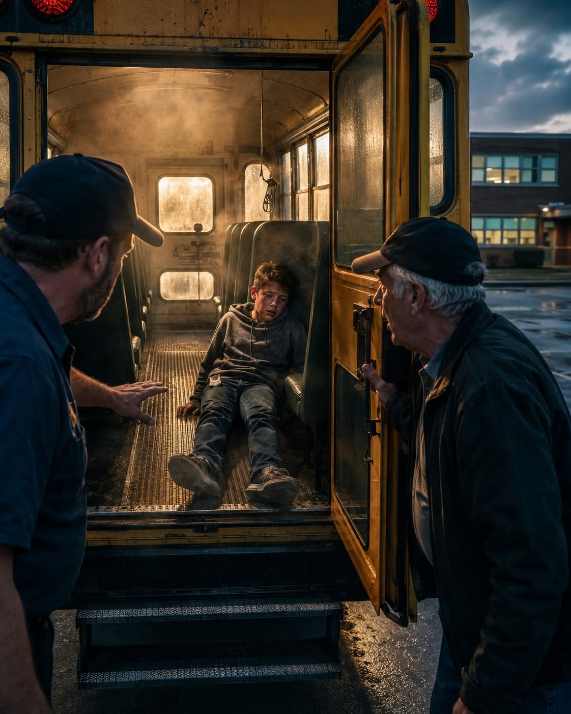 The school bus had been locked for nearly two hours when a small hand appeared behind the fogged window.