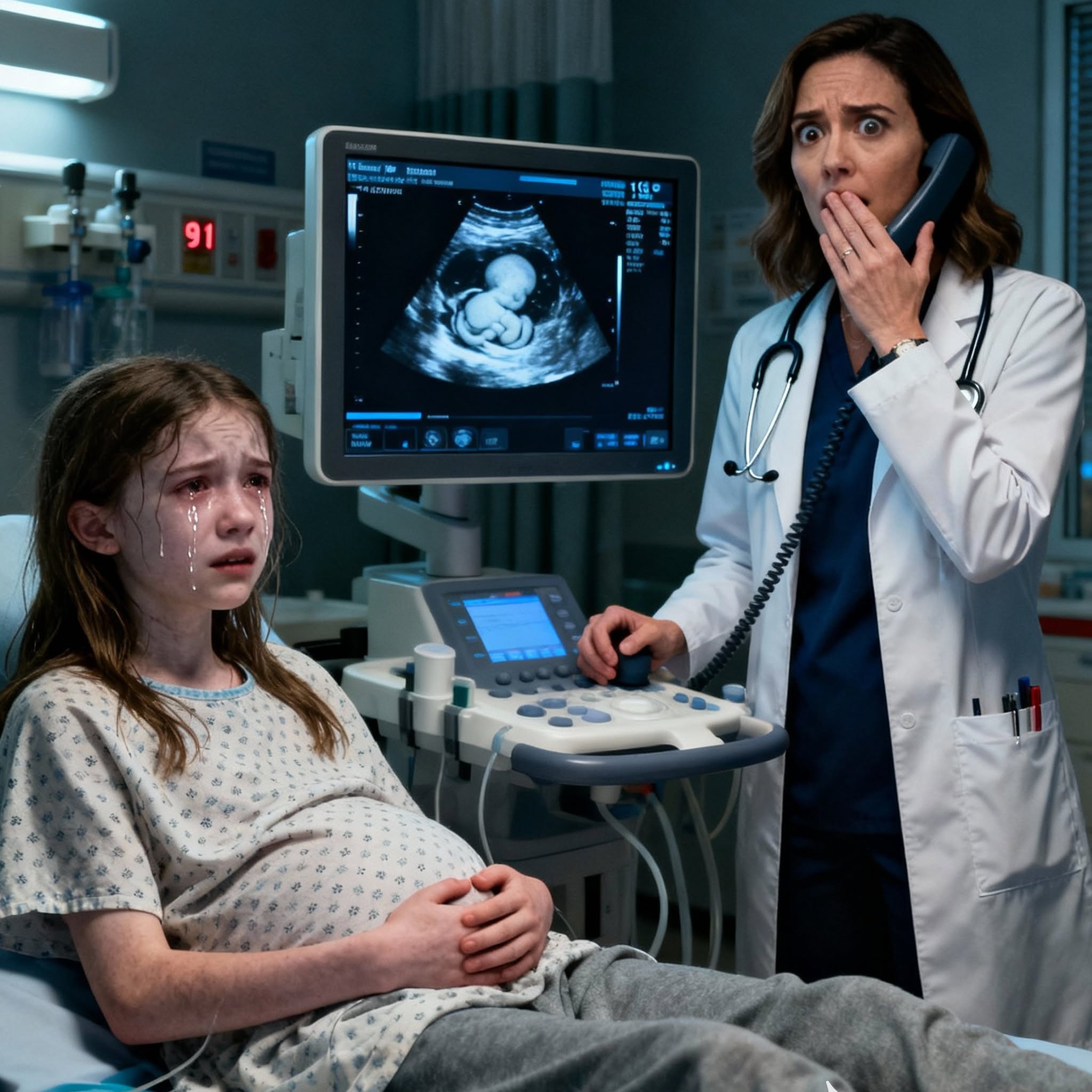 The sliding doors of St. Mary’s Hospital in Cleveland, Ohio, banged open just after midnight. Dr. Emily Carter, who had been finishing her shift, turned at the sound of hurried footsteps. A small, pale girl—no older than thirteen—stood clutching her stomach, breathing heavily