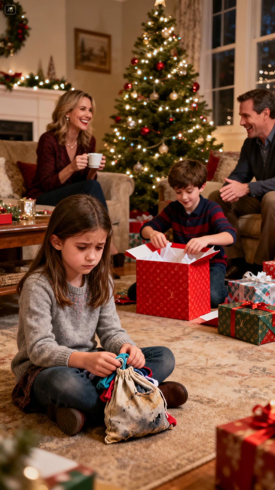 It should have been a perfect Christmas morning, full of warmth and laughter, yet my daughter’s faded bag of gifts stood in stark contrast to my sister’s child’s designer pile
