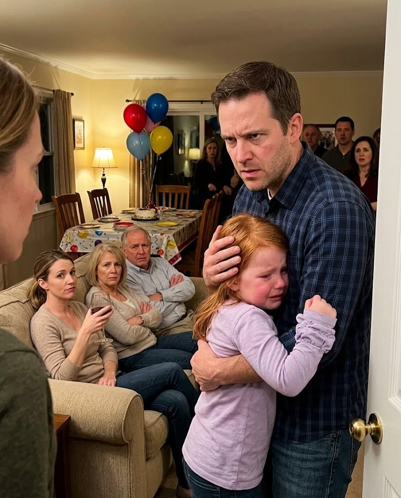 At my nephew’s birthday party, while balloons bobbed against the ceiling and my relatives carried paper plates of cake through the living room like the evening was perfectly normal, I found my four-year-old daughter crouched behind the toilet in my parents’ hallway bathroom, trembling so hard her little knees kept knocking against the cabinet.