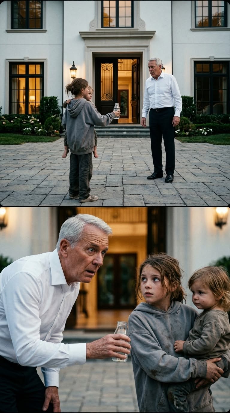 “I’m only asking for a glass of milk, sir,” the ragged little girl begged, holding her younger sibling tightly