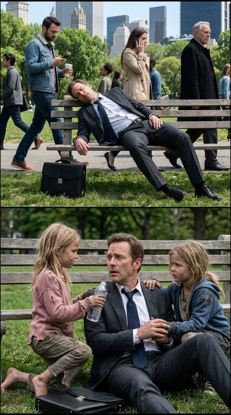 Everyone ignored the collapsed billionaire lying helpless in the park… until two tiny, starving twin sisters rushed to save him
