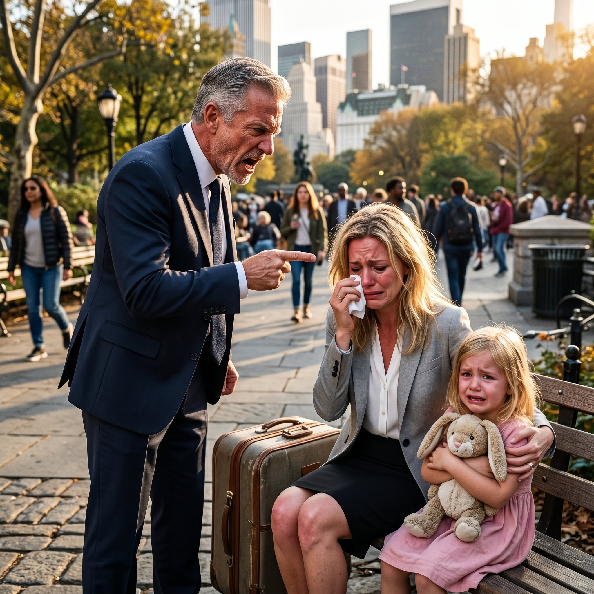 I spotted my daughter sitting on a bench in Riverside Park, a little girl beside her and two suitcases at their feet. The sight stopped me cold.
