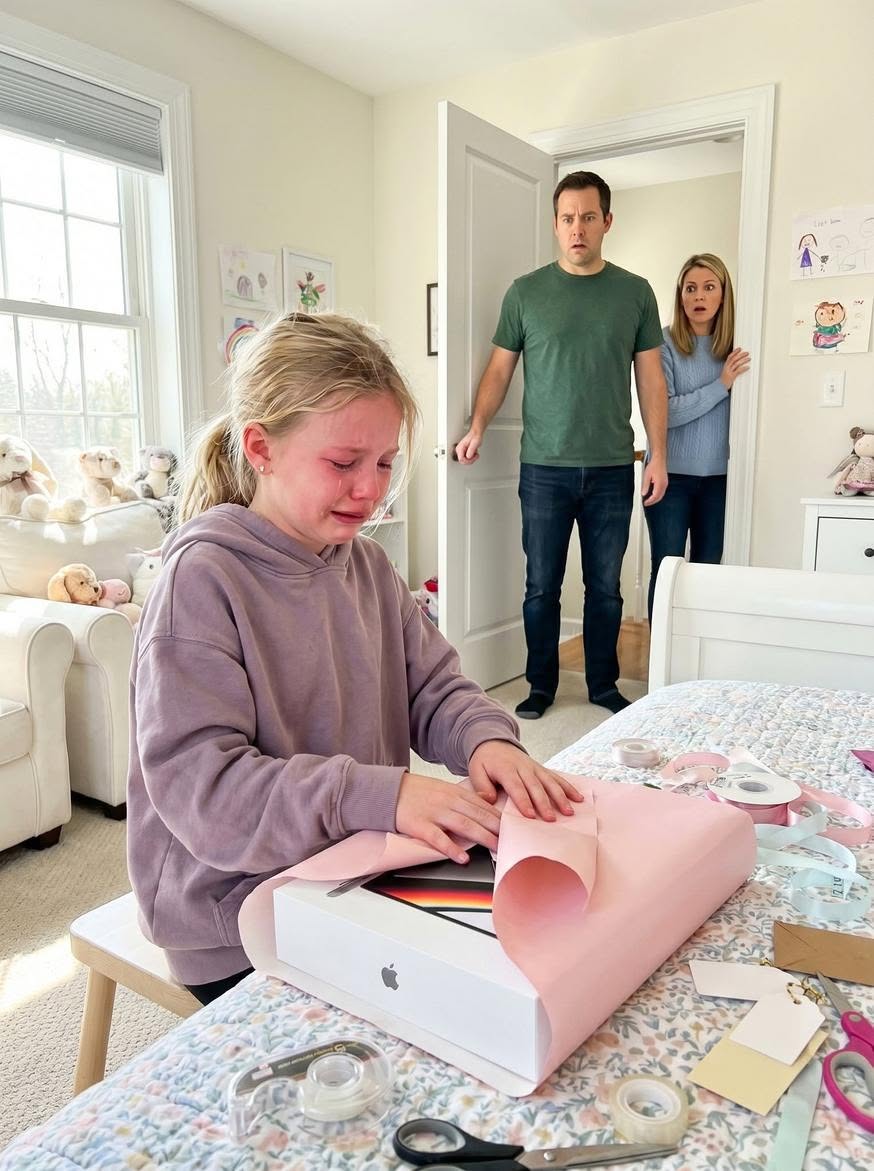 I walked into my daughter’s room after midnight and found her crying while gift-wrapping the MacBook we had saved for months to buy
