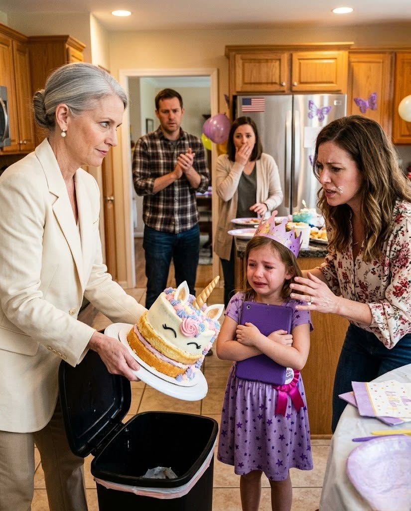 At my daughter's seventh birthday, my mother-in-law threw her unicorn cake in the trash and said, "Average children get garbage, not parties