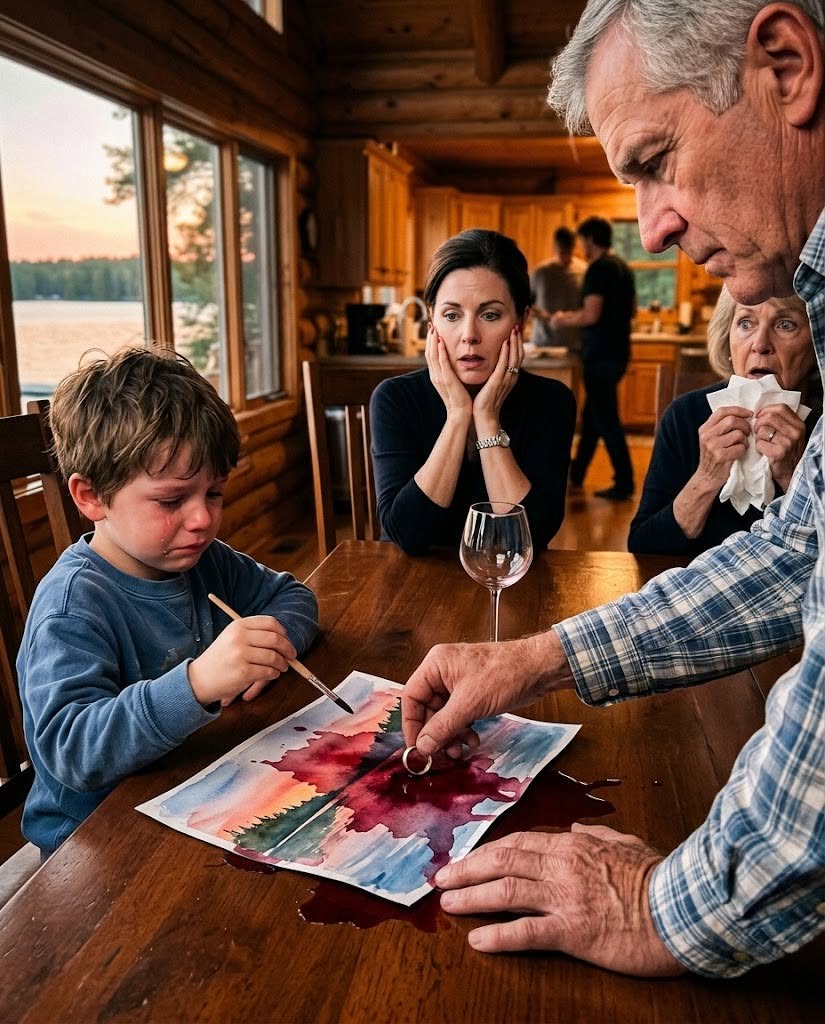 My sister stood behind my six-year-old with a crystal wine glass in her hand while he held his brush over a blue lake he had spent three mornings painting for Grandpa