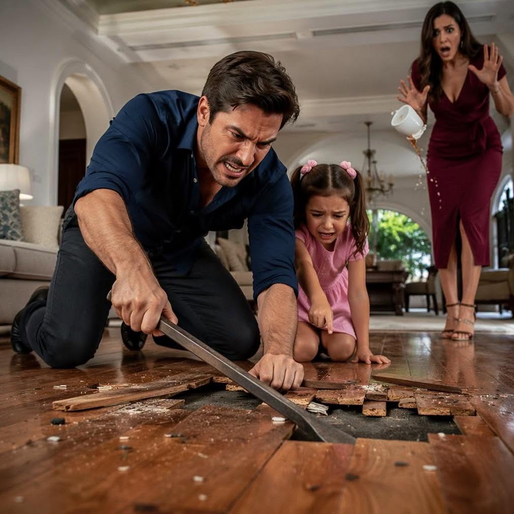 Dad, my brother is tapping from below,” my five-year-old daughter whispered in the new living room at my sister’s house; everyone said it was imagination, but I lifted the rug, grabbed an iron bar, and broke through the boards in front of my mother, not knowing that beneath that floor was the secret my family had hidden for 11 months.