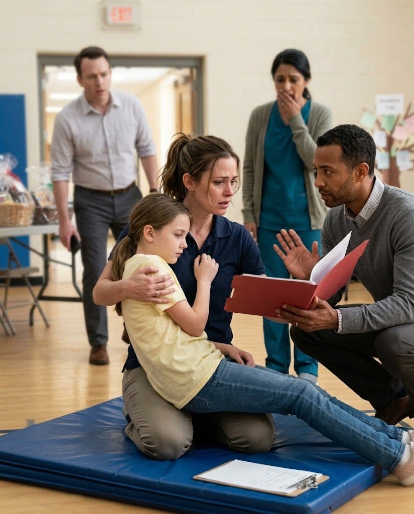 At my daughter's school fundraiser, my mother shoved a clipboard into Lily's shaking hands and said, 'Sell every ticket or stop pretending you're sick.' Lily collapsed before the raffle drum turned. Then the doctor opened the school medical file saying nine warning visits were ignored, her heart was in danger, and Mom went pale