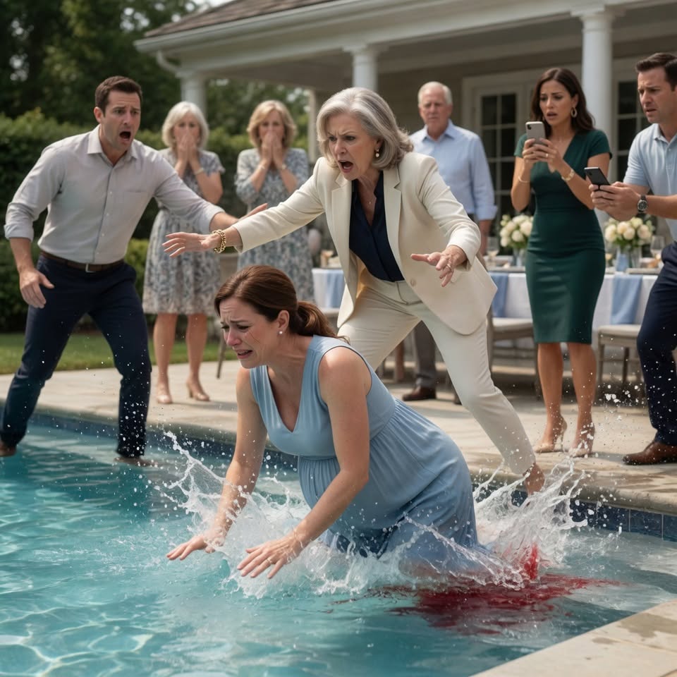 My mother-in-law shoved me into a pool to prove I was faking my pregnancy, but when blood appeared in the water, the entire family stopped laughing.