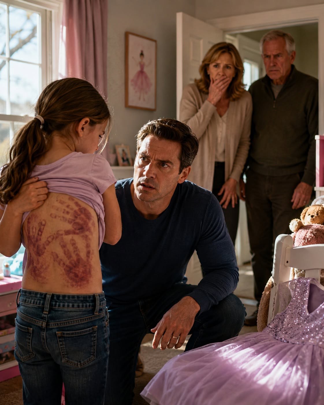 My 5-year-old daughter sent me a text saying, “DAD, COME TO MY ROOM. JUST YOU.”—then she turned around and showed me the handprints covering her back. I thought I was taking her to a piano recital that day, until one terrifying secret exposed the people she had been afraid of all along...