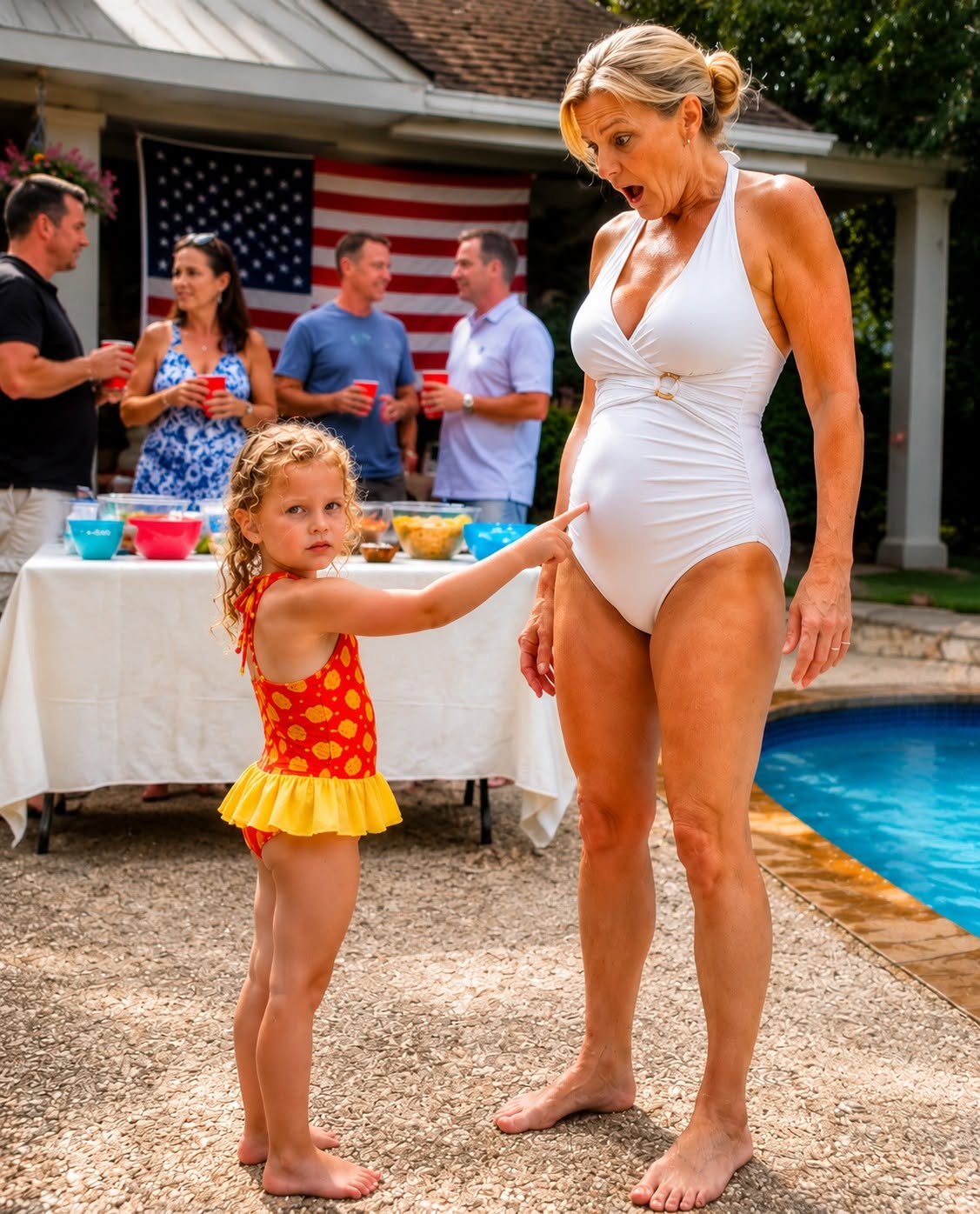 At my daughter's third birthday pool party, she pointed at my stepmom's stomach and said, "Daddy's in there" — I laughed until I saw WHAT she was actually pointing at.