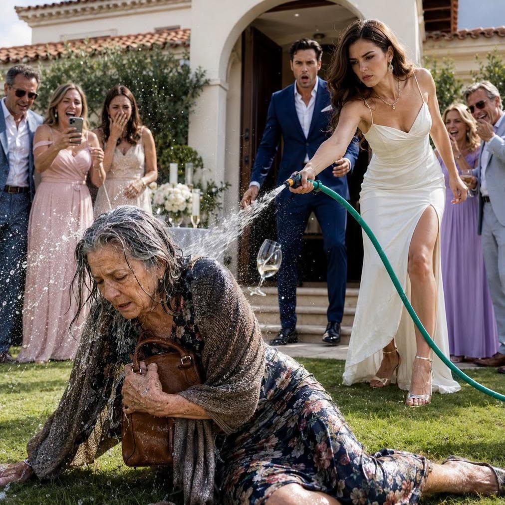 At my son’s engagement party, his fiancée drenched me with a hose in front of 30 guests and mocked, “Beggars don’t belong here.” I simply clutched my old bag, kept my phone recording, and waited for her to find out who owned the house