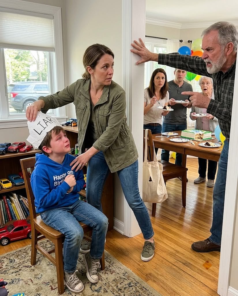 “Missing my son’s birthday dinner, I came home to find him locked in the den, watching relatives eat cake in a paper LIAR cap; his grandfather said, “Ridicule prevents children from becoming real thieves.”