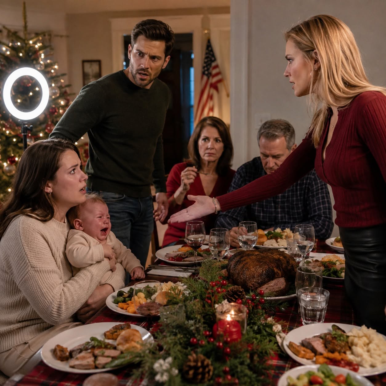 "At Christmas dinner, my sister Marlene struck my ten-month-old son because his crying interrupted the family video she was filming, and while Rowan trembled in my arms, my mother kept eating, my father stared at his plate, and everyone waited for me to apologize for ruining the evening