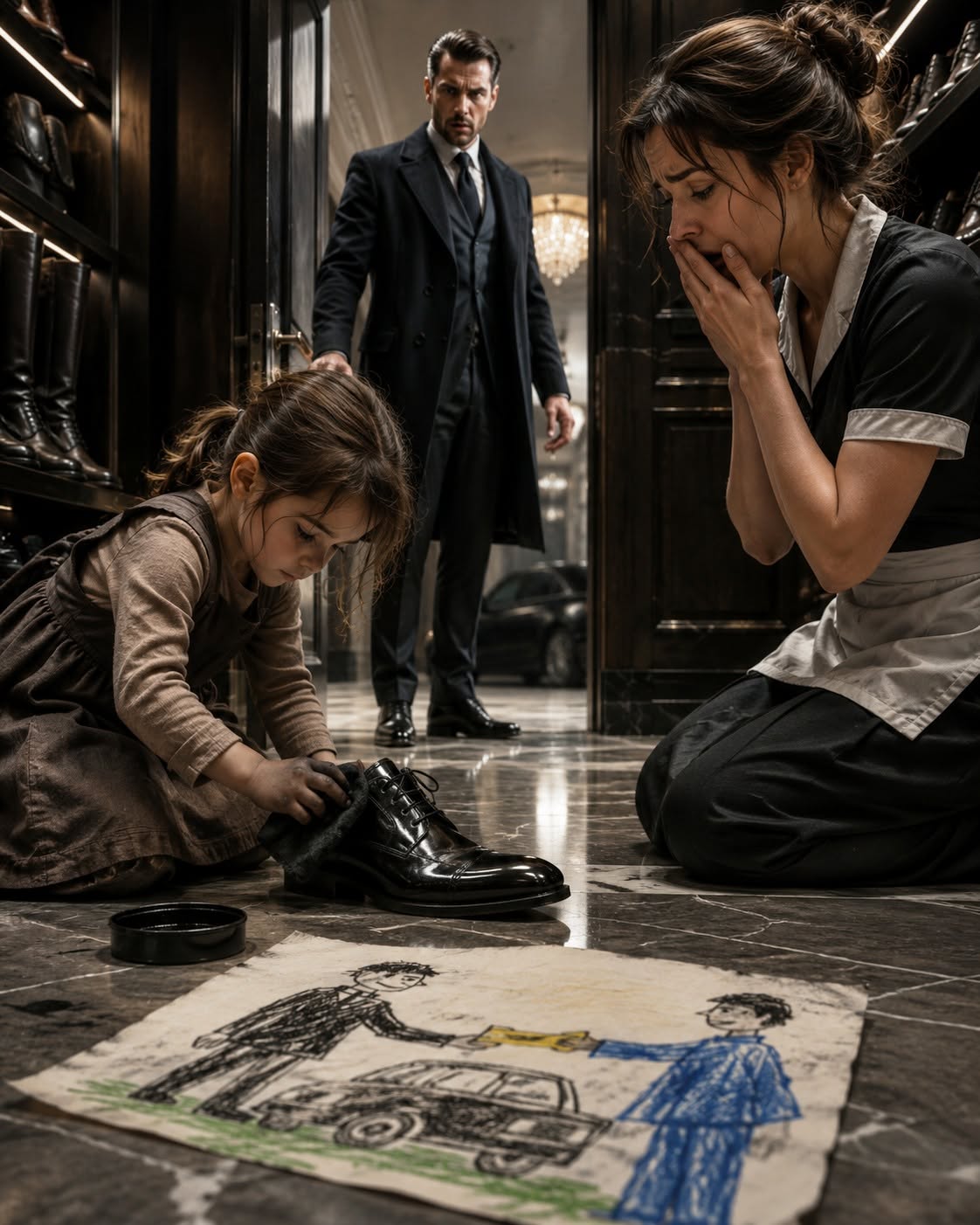 THE MAFIA BOSS CAME HOME EARLY AND FOUND THE MAID'S DAUGHTER POLISHING HIS SHOES — BUT HER CRAYON DRAWING EXPOSED THE TRAITOR INSIDE HIS FAMILY