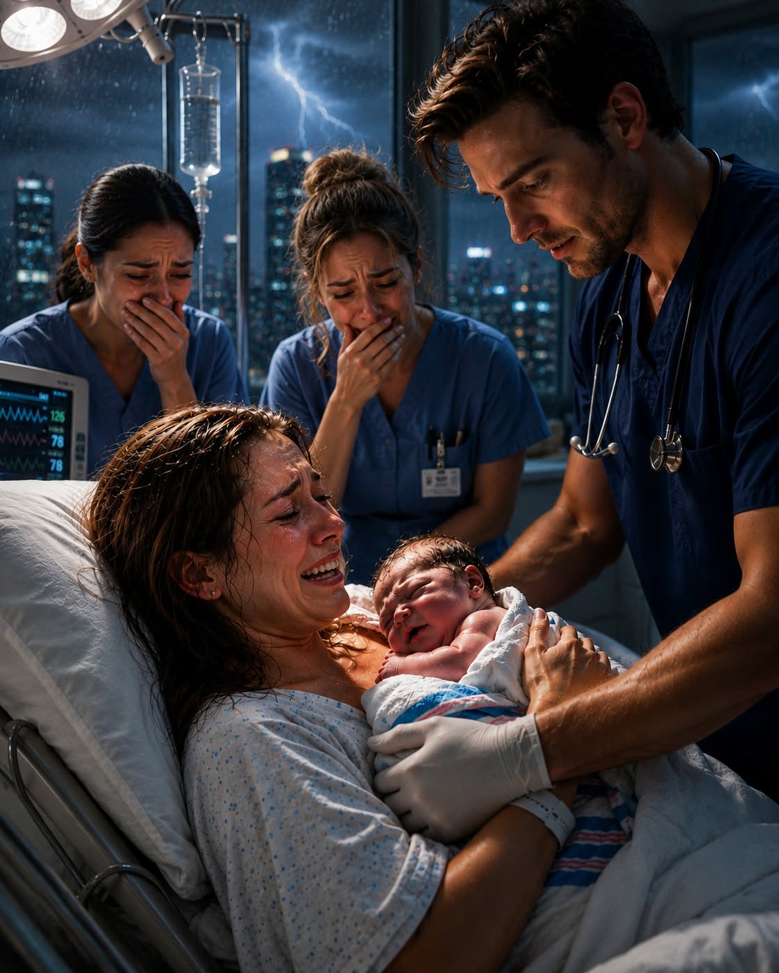 Rain slammed against the hospital windows so hard it sounded like the sky was trying to break inside. Every flash of lightning lit up the delivery room, and each clap of thunder seemed to arrive with another unbearable contraction