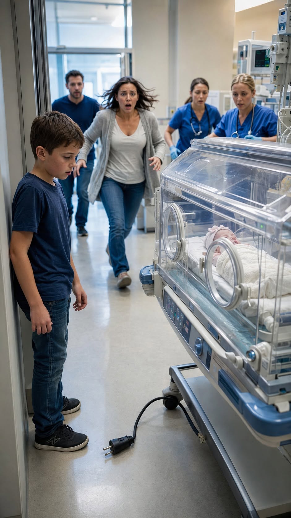 “My ten-year-old son unplugged his premature baby sister’s incubator and stood there while every alarm in the NICU began screaming.”
