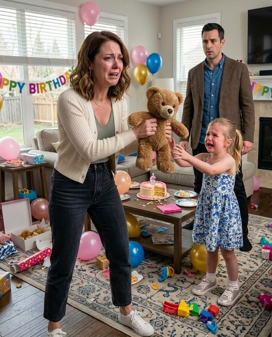 For my daughter’s sixth birthday, my in-laws sent her a cute brown teddy bear wrapped in gold paper and tied with a satin pink ribbon