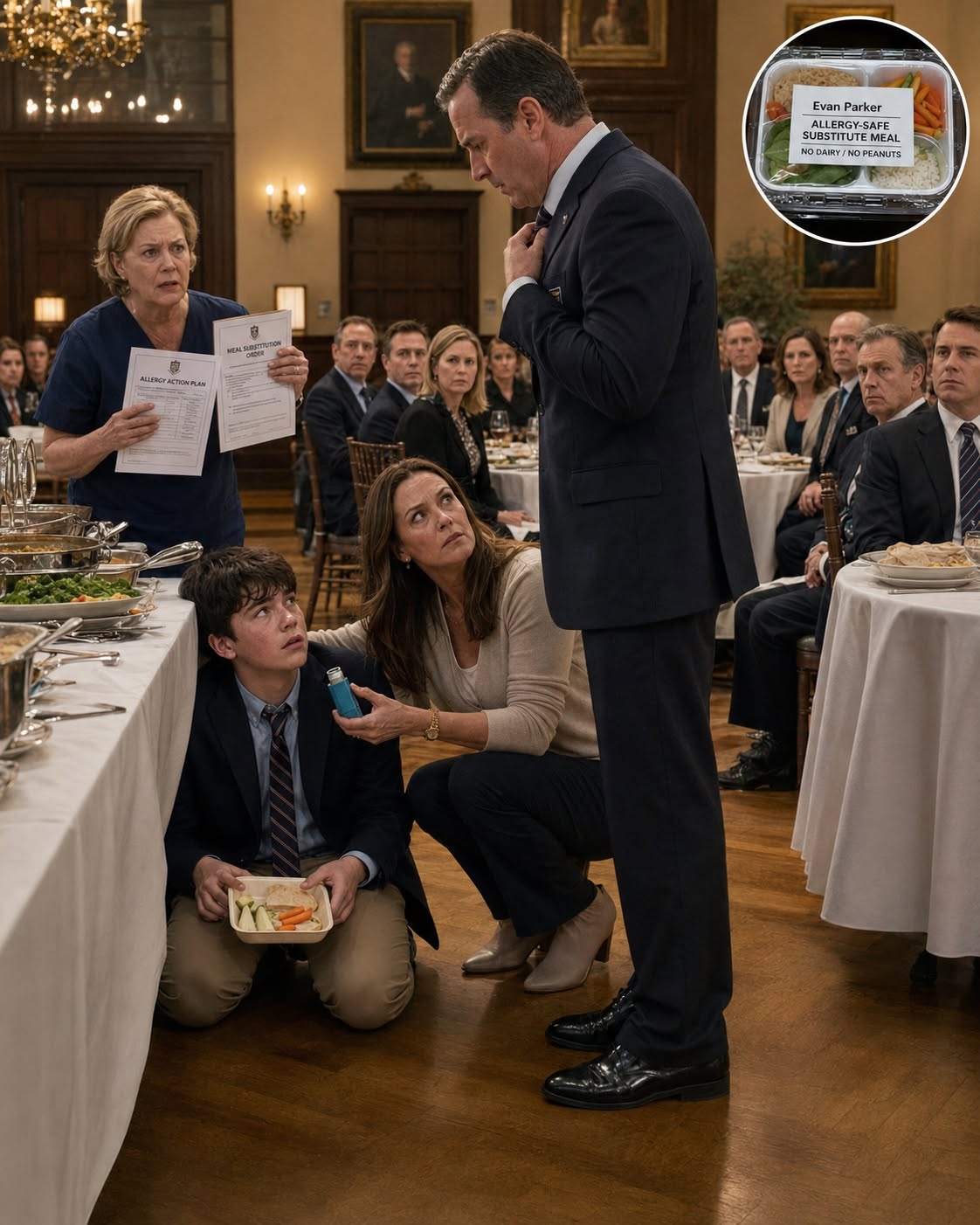 I drove back to my son’s boarding school for his blue rescue inhaler and found him beneath the Founders’ Dinner buffet, eating from a paper tray on his knees while twelve alumni watched.