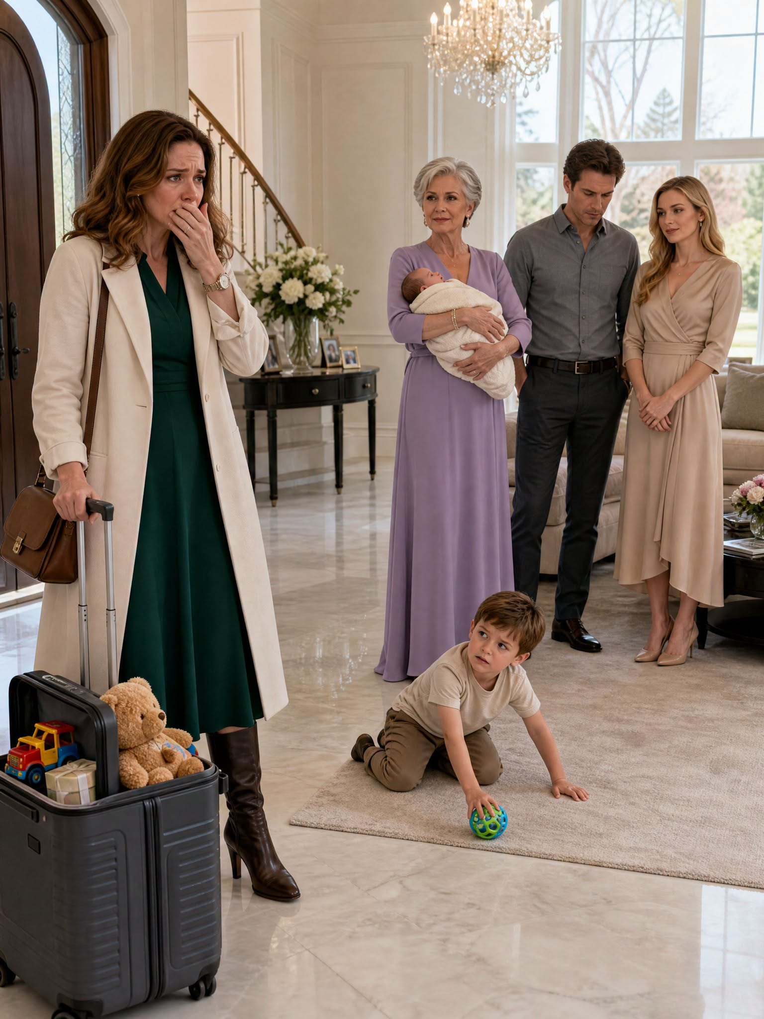 "I Returned With a Suitcase Full of Toys for My Son—Then Found Him Moving Across the Floor While My Mother-in-Law Held Brooke’s Child and Said, “He’s the Pride of This House.” My Husband Couldn’t Meet My Eyes. I Asked for Water, Smiled, and Quietly Called the Attorney No One Expected.