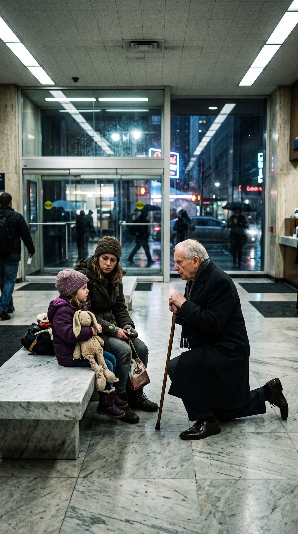 "I found them sleeping on a marble bench inside my bank—one exhausted mother and a six-year-old girl hugging a torn rabbit