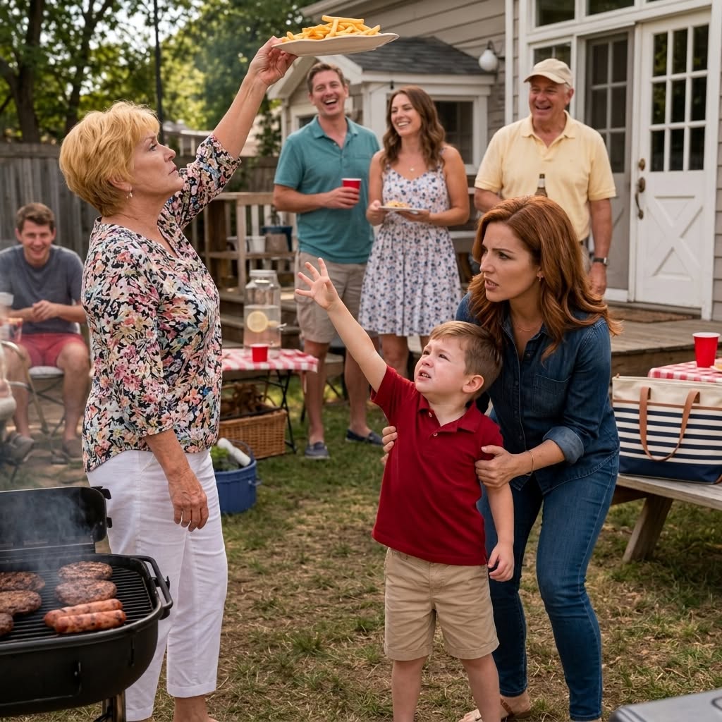 At our family barbecue, my four-year-old son asked for a few fries; my mother moved the plate out of reach and said, “Those are only for my real grandchild”; everyone laughed