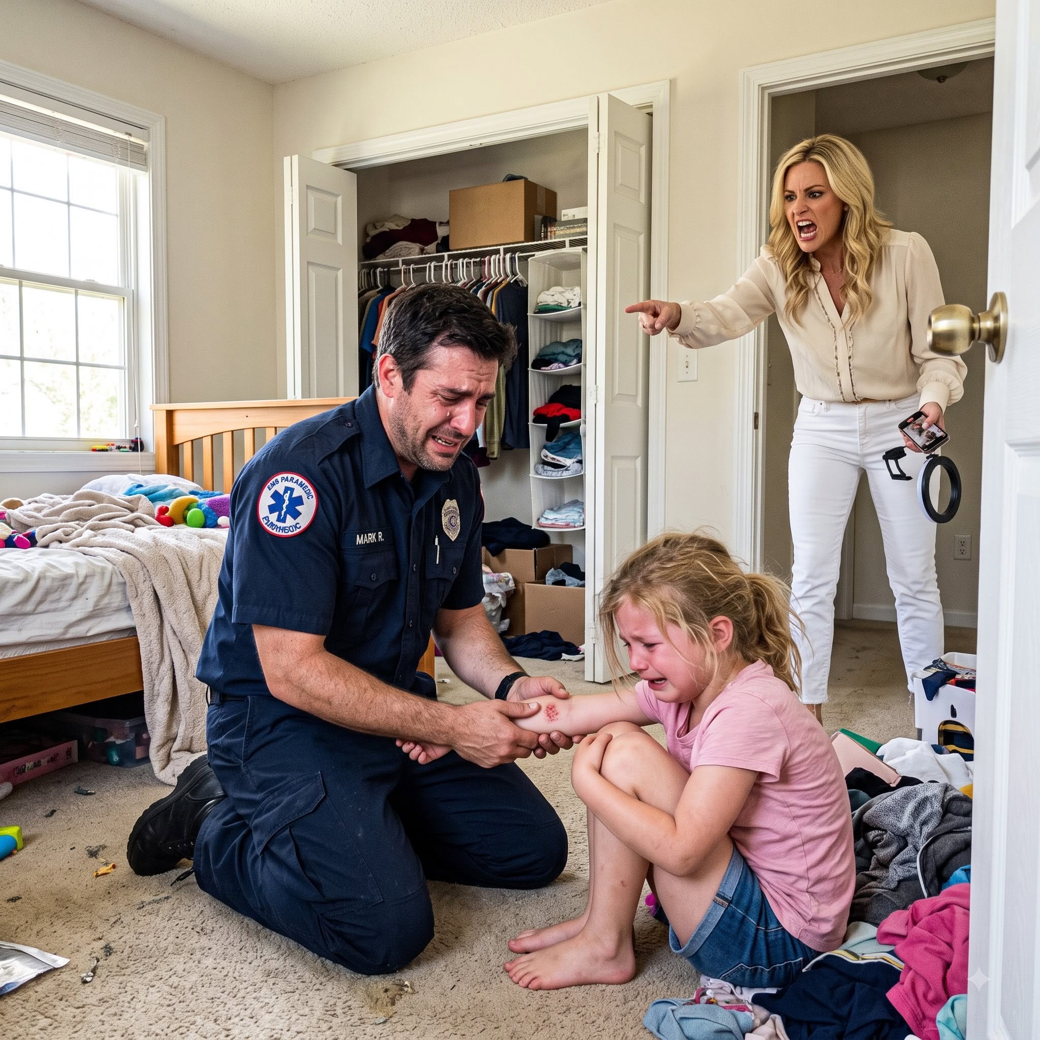 After a 48-Hour Paramedic Shift, I Found My 8-Year-Old Curled Inside Her Closet. She Whispered, “Mom Said I Shouldn’t Tell You.” When I Rolled Up Her Sleeves and Saw Her Injuries, My Wife’s Perfect-Mother Image Shattered Instantly.