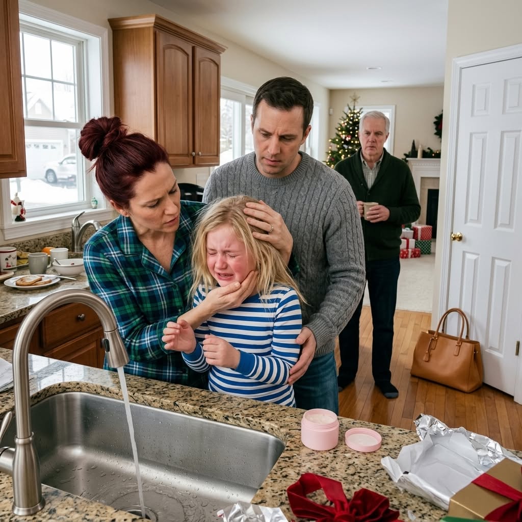 On Christmas morning, my 9-year-old daughter opened a gift box from my father-in-law. Seconds later, she screamed that her face was burning. My husband rushed her to the hospital, but hours later, he returned with police officers. What they found inside our home exposed a truth none of us were ready for.