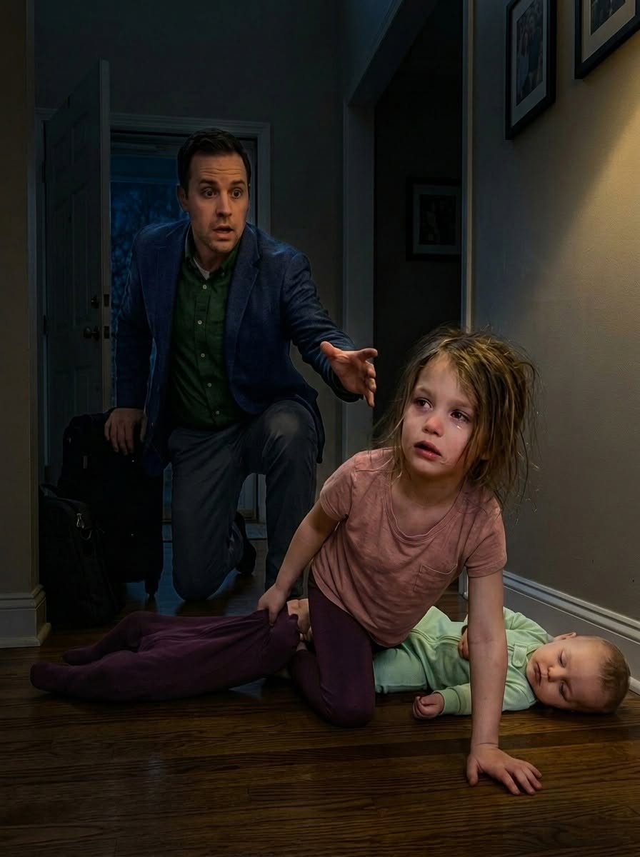 A father returned home expecting a quiet reunion, but instead found his young daughter crawling across the floor while protecting her weak baby brother. When she looked up and whispered,