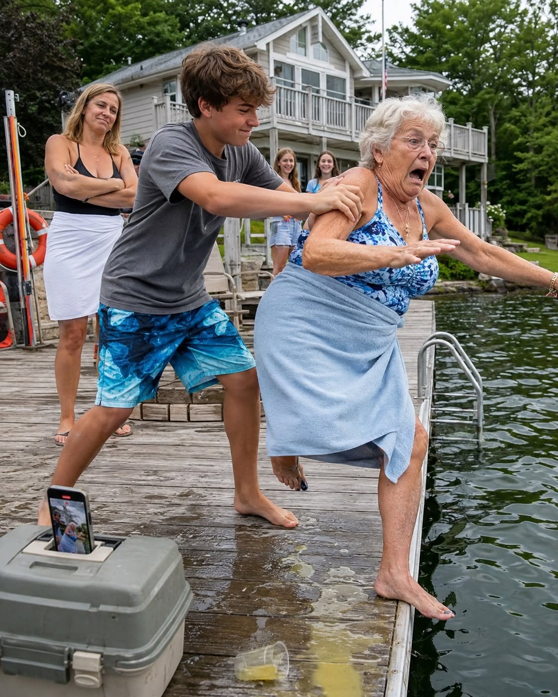 My grandson pushed me into the lake and laughed with the family as I fought toward the dock, even though he knew I couldn’t swim.