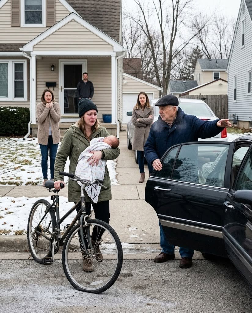 My grandfather found me outside in the freezing cold, holding my newborn tightly against my chest, standing beside an old bicycle with a flat tire.