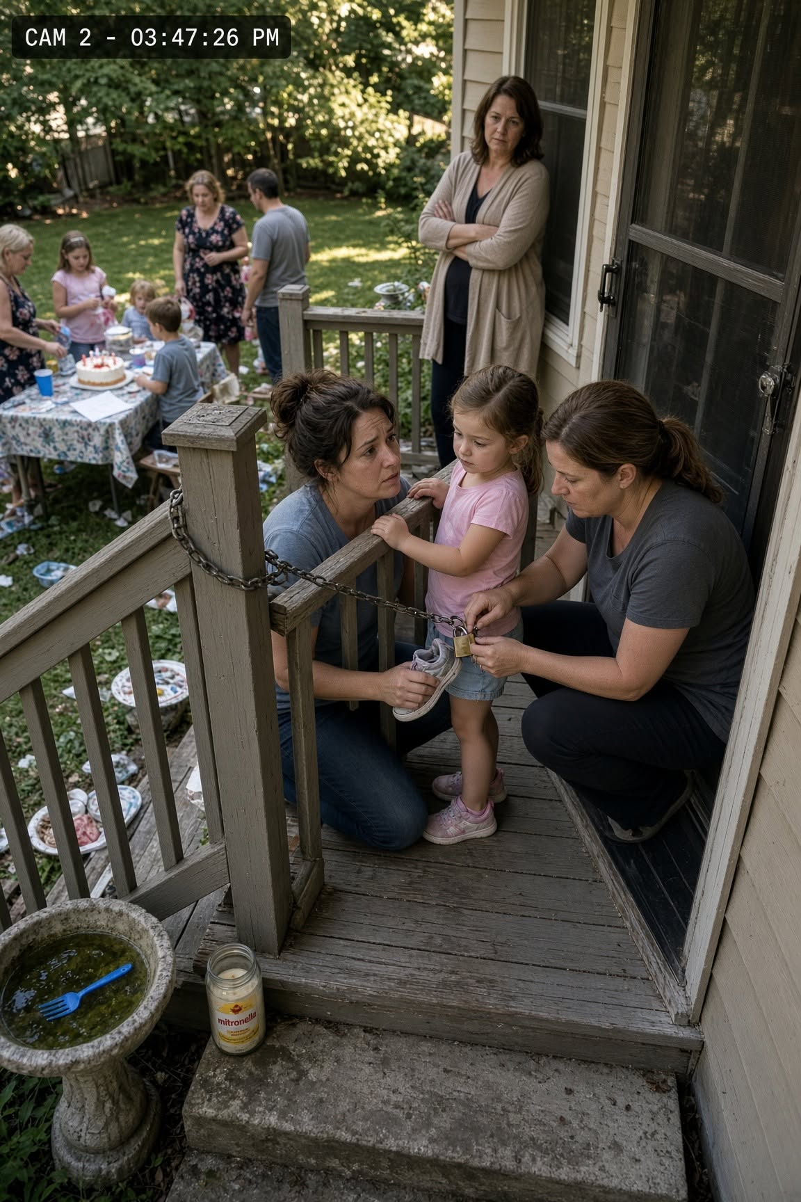 My five-year-old daughter was chained to the porch rail while her grandmother, Marguerite, celebrated her own birthday behind the glass door and called her "a cheater's child" loud enough for the whole yard to hear.