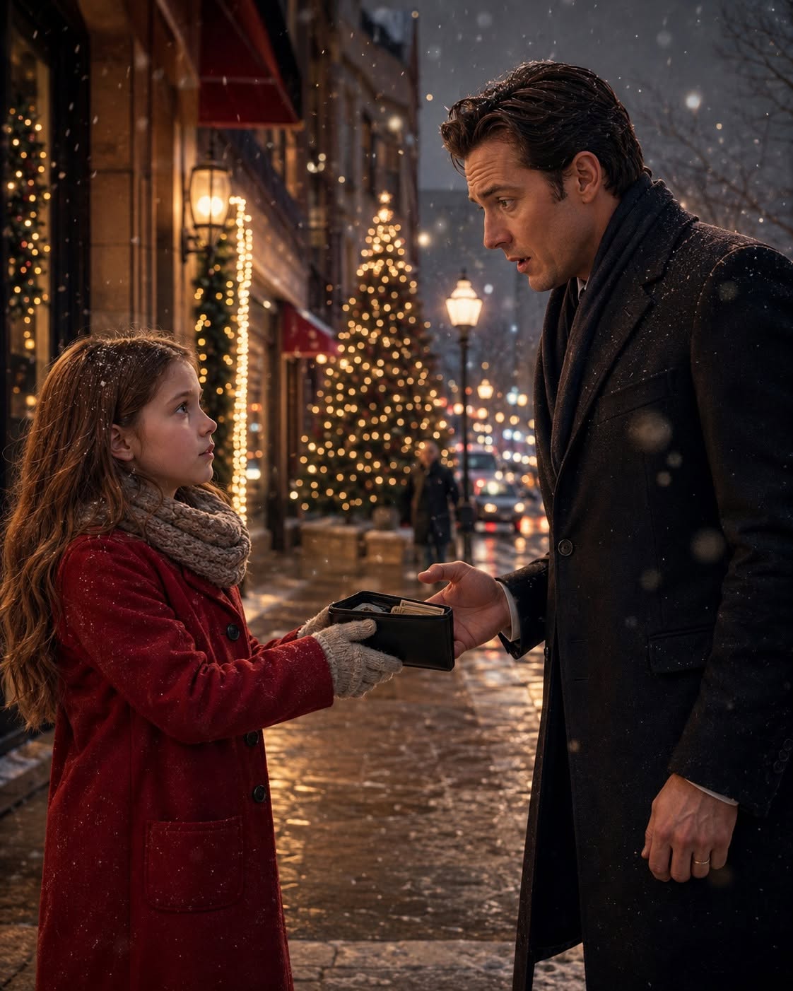 POOR GIRL RETURNS A MILLIONAIRE’S WALLET ON CHRISTMAS — HER SIMPLE REQUEST BRINGS HIM TO TEARS