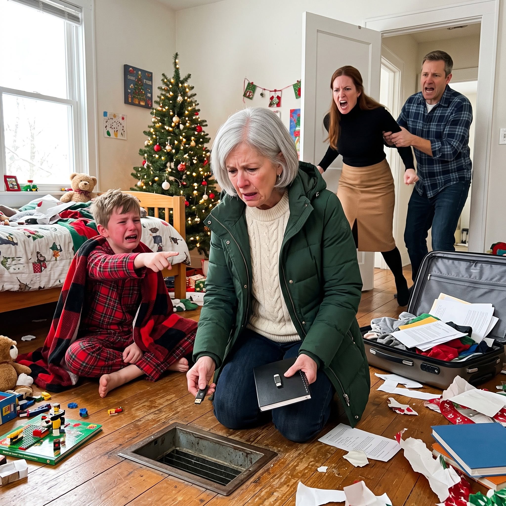 My grandson was shivering barefoot in the snow on Christmas Eve after his stepmother locked him out for two hours. His father did nothing. I went upstairs to pack his things—but what I found hidden in his bedroom changed everything.