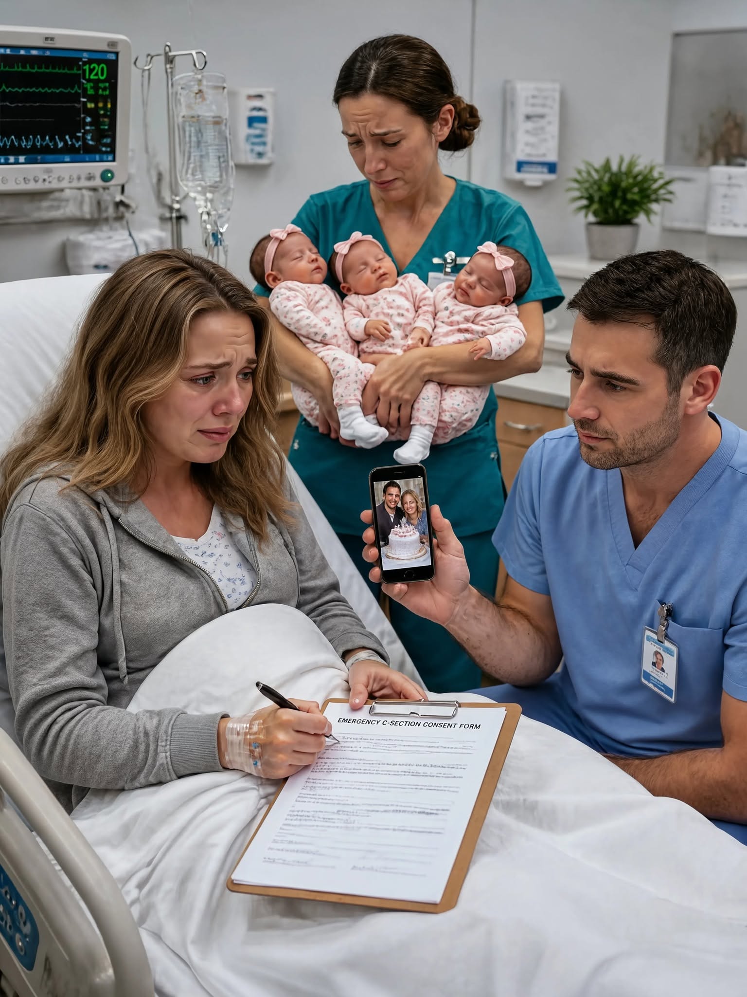 I was signing emergency C-section papers alone, trying to save our unborn triplets, while my husband had turned off his phone to celebrate with his first love and cut her cake.