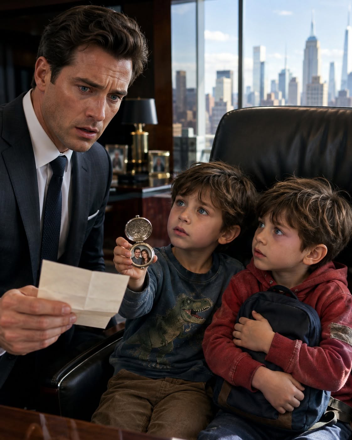 I walked into my Manhattan office and found two identical little boys asleep in my executive chair, with a handwritten note waiting on my desk: Take care of them. They have no one left except you. Then one of them opened his eyes, and I felt my entire body go cold—because they were the exact same blue as mine.