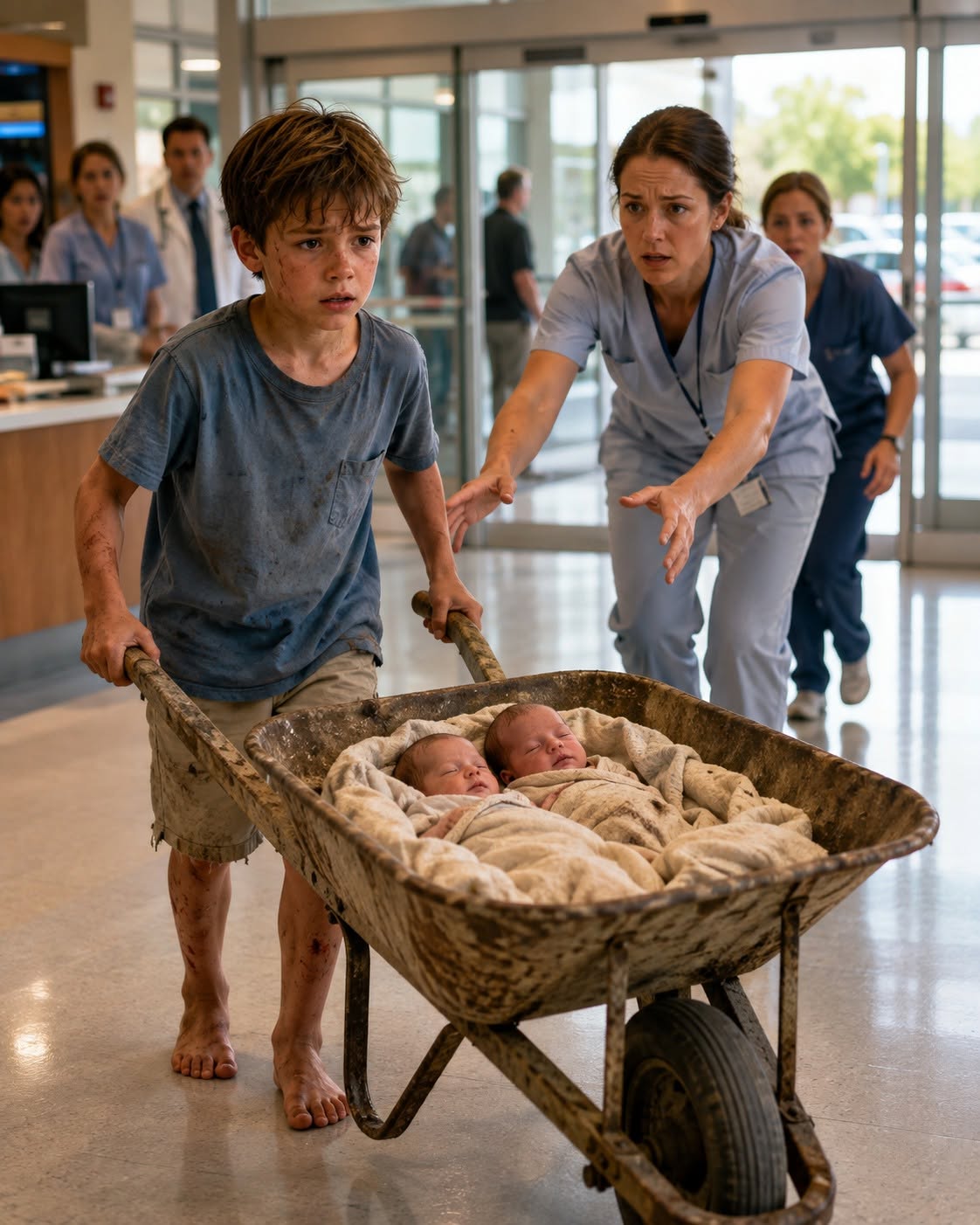 was seven years old when I pushed my newborn brother and sister through the hospital doors in an old wheelbarrow because Mom hadn’t moved in three days