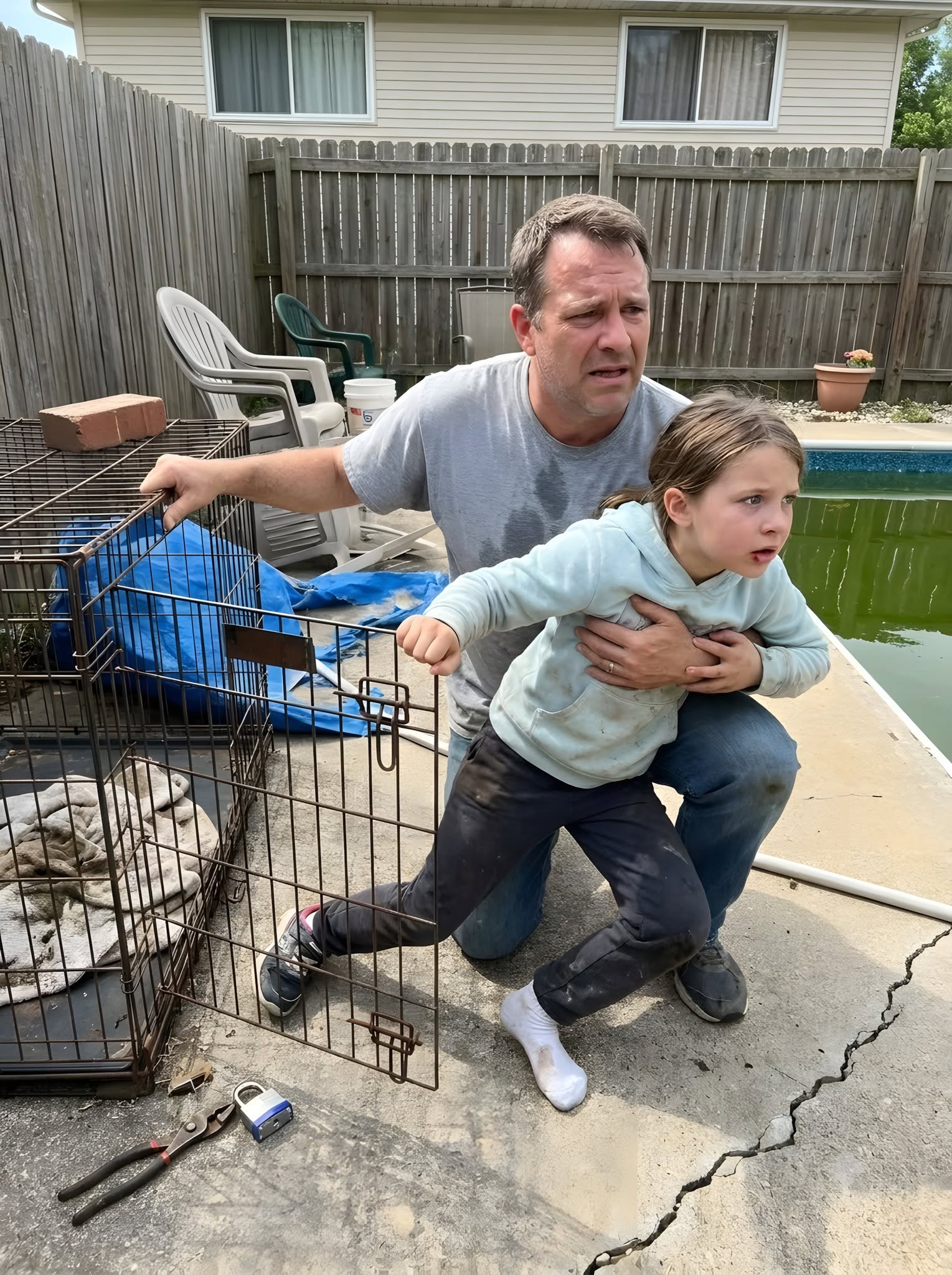 I opened the cage in her mother's backyard and found my little girl inside—then she grabbed my shirt and begged me not to look at the pool