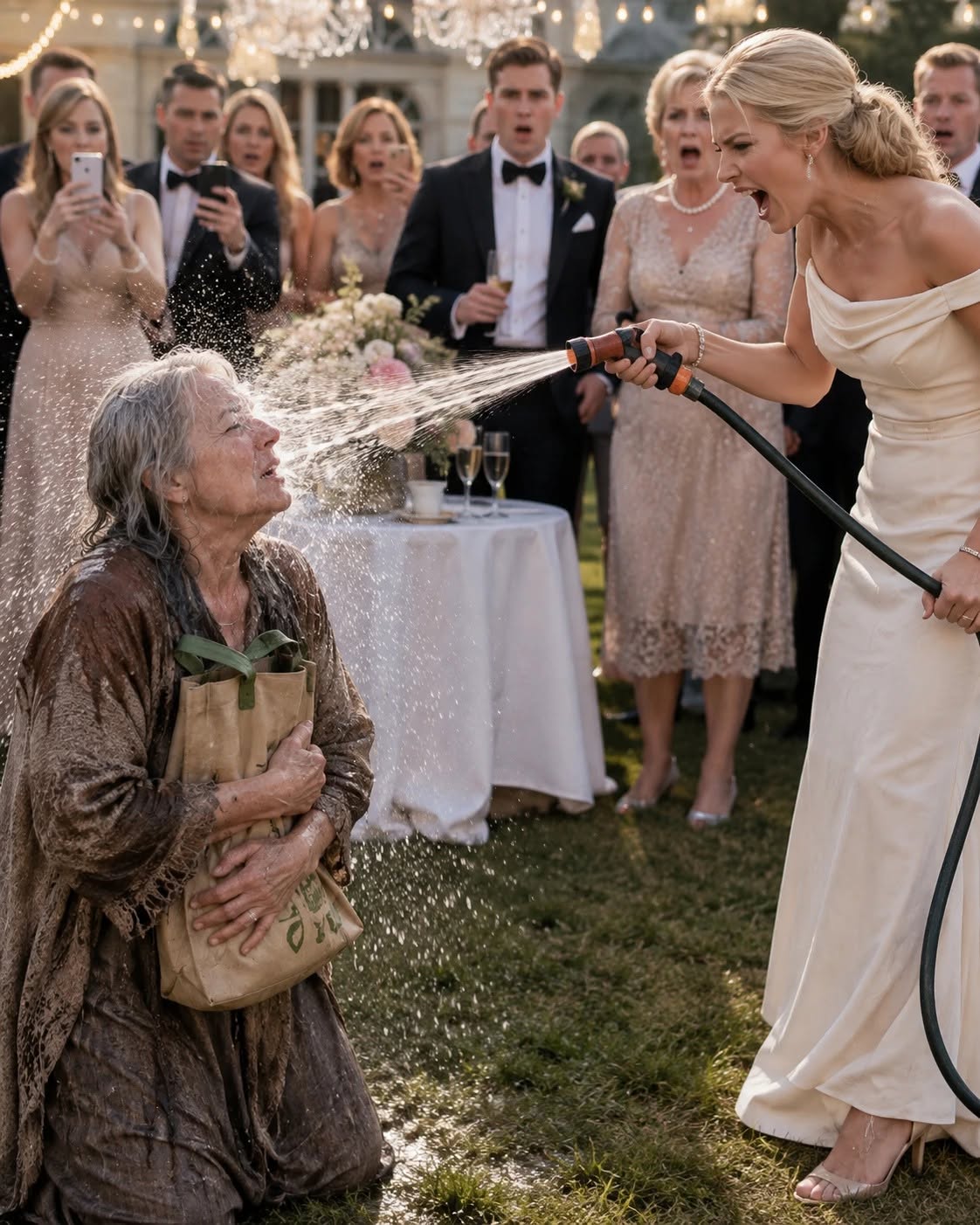 During my son's betrothal celebration, his future bride sprayed me with a garden hose before thirty onlookers, sneering, "Beggars have no place at weddings here.