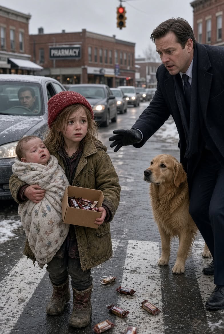 The little girl stood in the middle of traffic with a candy box in one hand and a sick baby in the other.
